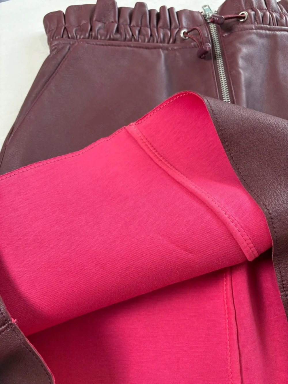 Maje Jet Leather Burgundy Paperbag Mini Skirt w/ Front Zipper and Drawstring